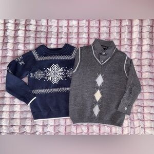 Boys Quality Sweater Set Navy Gray Snowflake Argyle Button Down Shirt Size 5